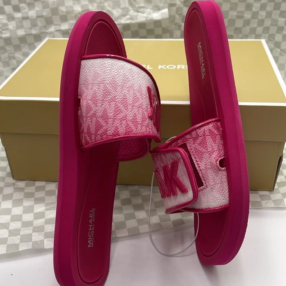 MICHAEL KORS Palmer Ombré Signature Logo Slide Sandal Dragonfruit NWT